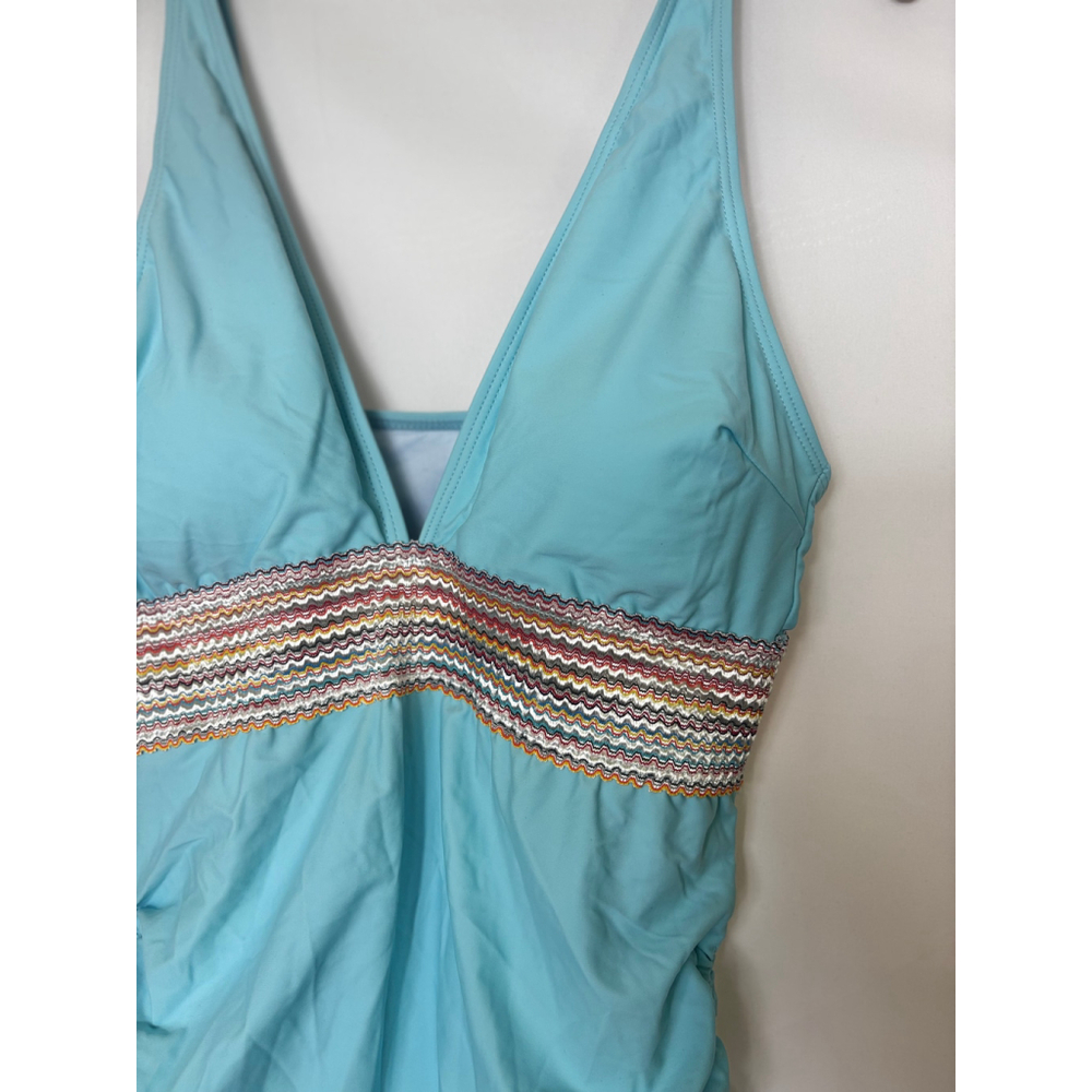 Turquoise One-Piece Swimsuit Size L Ocean Blue With Vintage Camera Strap Stripe - Picture 2 of 5